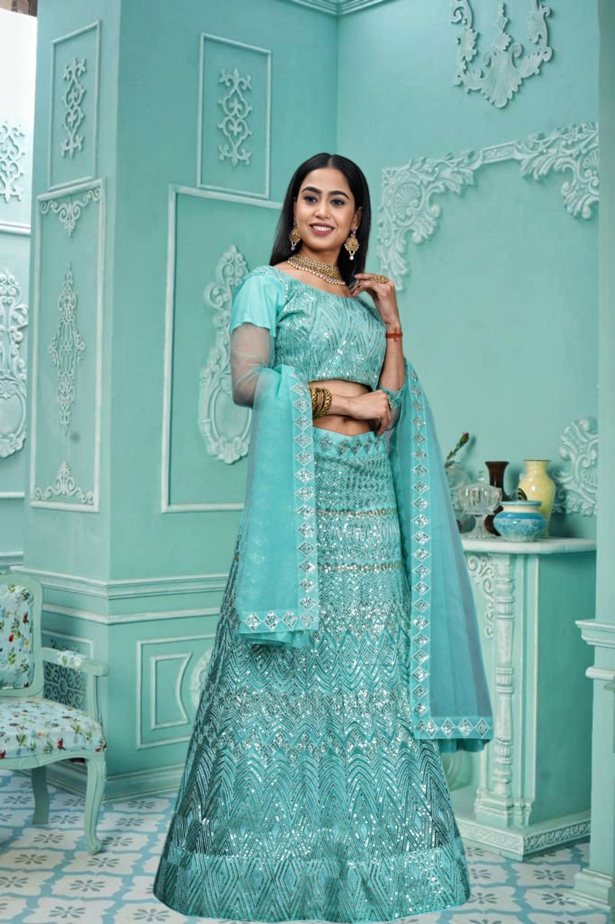 Sea Green Net Embroidery Lehenga Choli