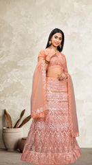 Peach Net Embroidery Lehenga Choli