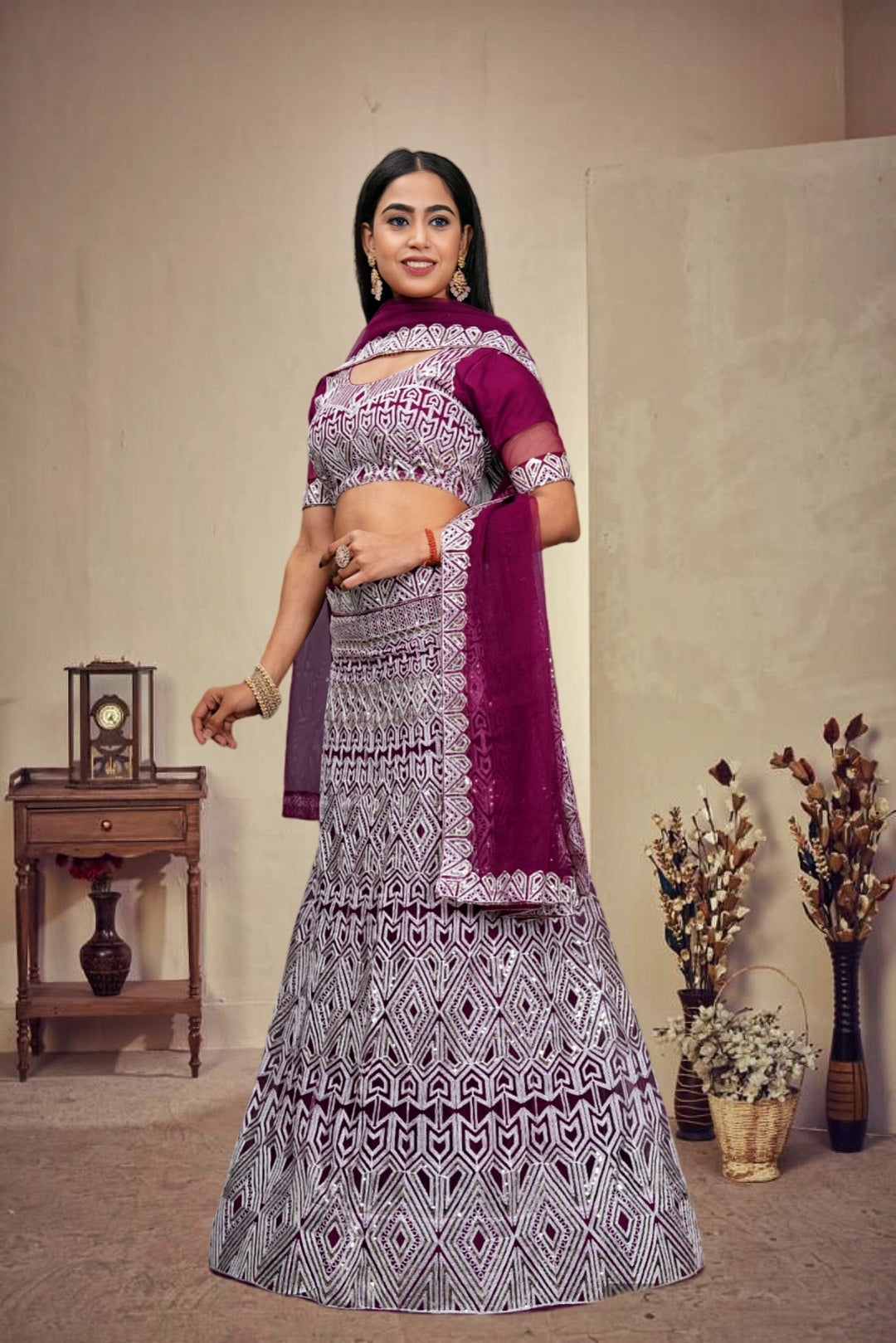 Wine Net Embroidery Lehenga Choli