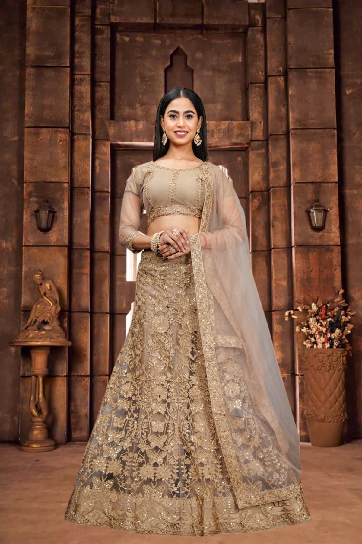 Beige Net Embroidery Lehenga Choli