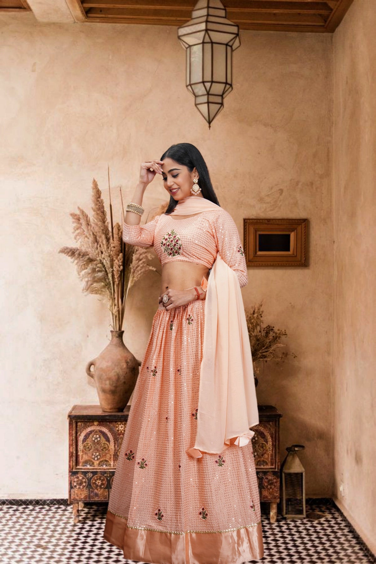 Peach Georgette Embroidery Lehenga Choli