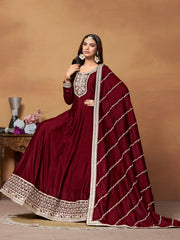 Maroon Art Silk Embroidered Flared Anarkali Gown With Bottom Dupatta