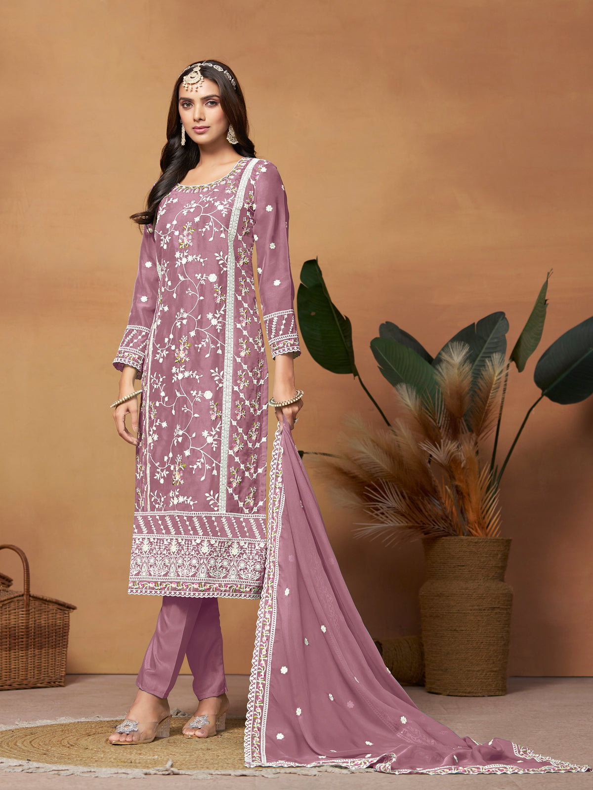 Pink Organza Embroidery Salwar Suit With Pant Dupatta