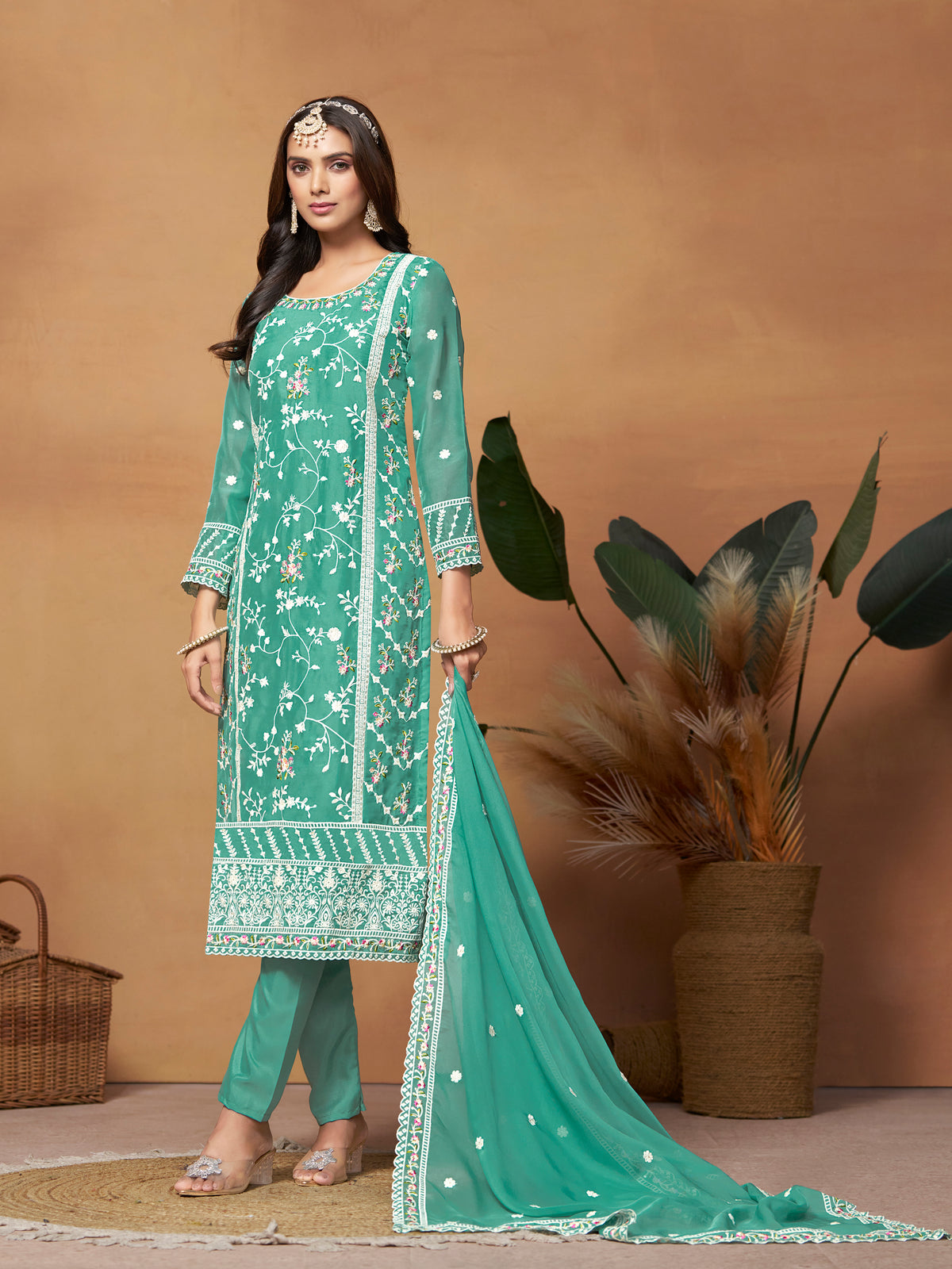 Sea Green Organza Embroidery Salwar Suit With Pant Dupatta