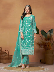 Sea Green Organza Embroidery Salwar Suit With Pant Dupatta