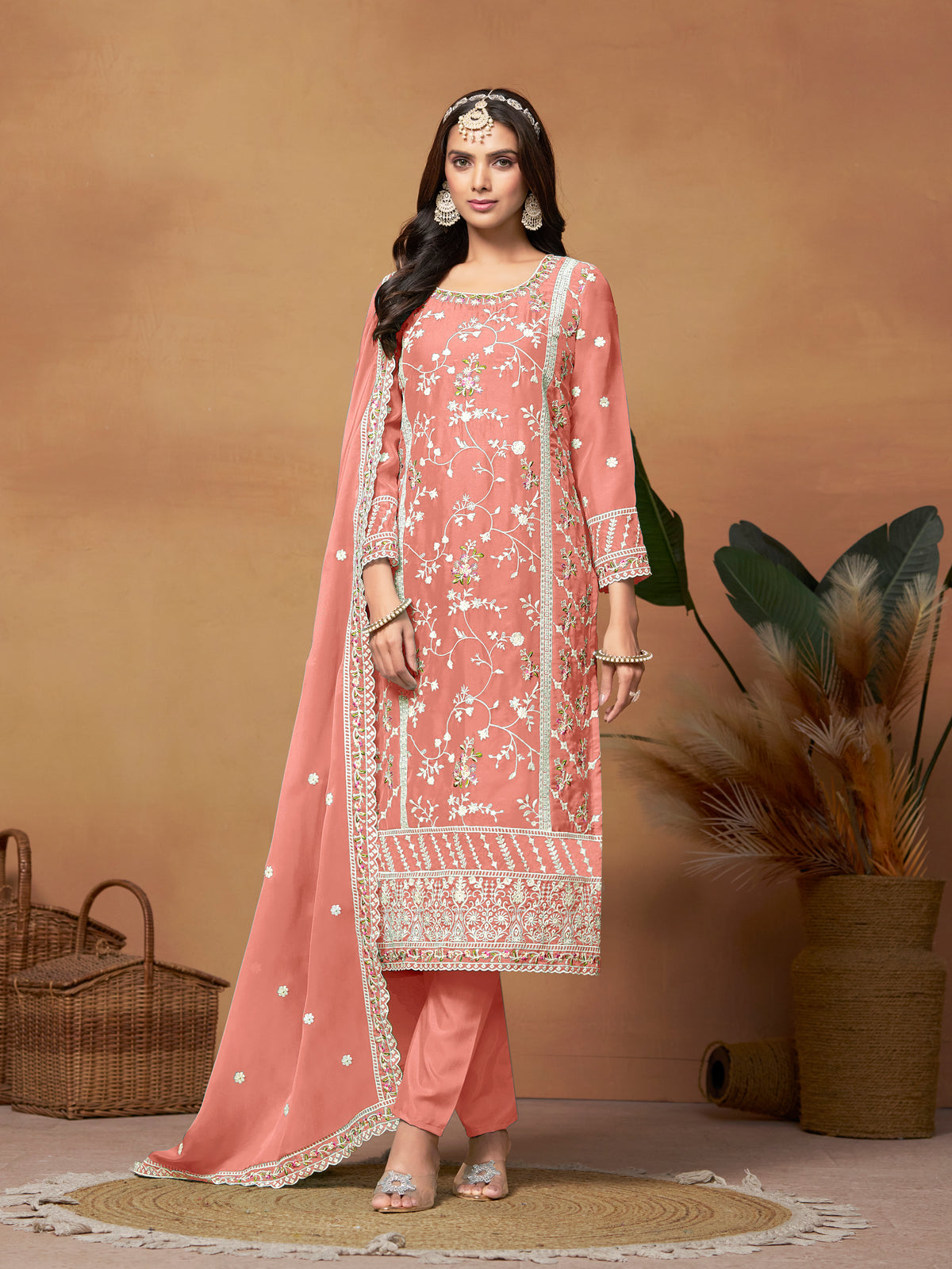 Peach Organza Embroidery Salwar Suit With Pant Dupatta