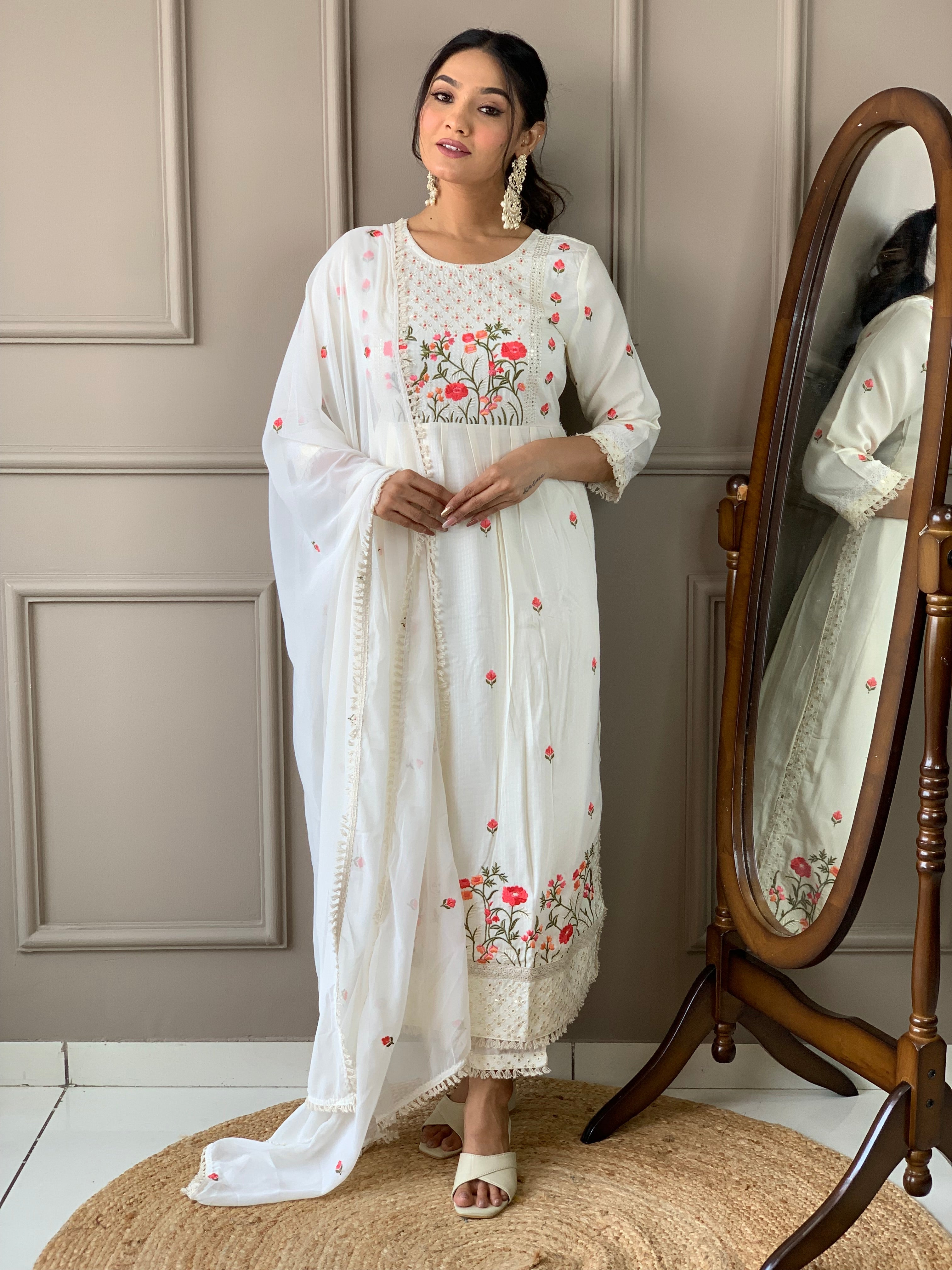 White Viscose Rayon Thread Embroidered Salwar Suit With Pant Dupatta