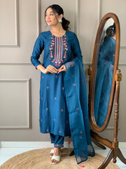 Petrol Viscose Rayon Thread Embroidered Salwar Suit With Pant Dupatta