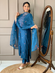 Petrol Viscose Rayon Thread Embroidered Salwar Suit With Pant Dupatta