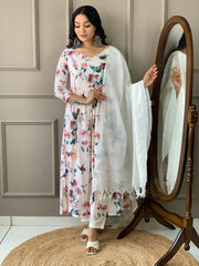 White Cotton Printed Salwar Suit With Pant Dupatta