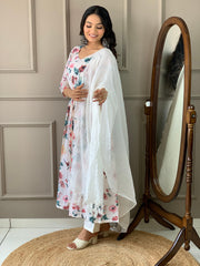 White Cotton Printed Salwar Suit With Pant Dupatta