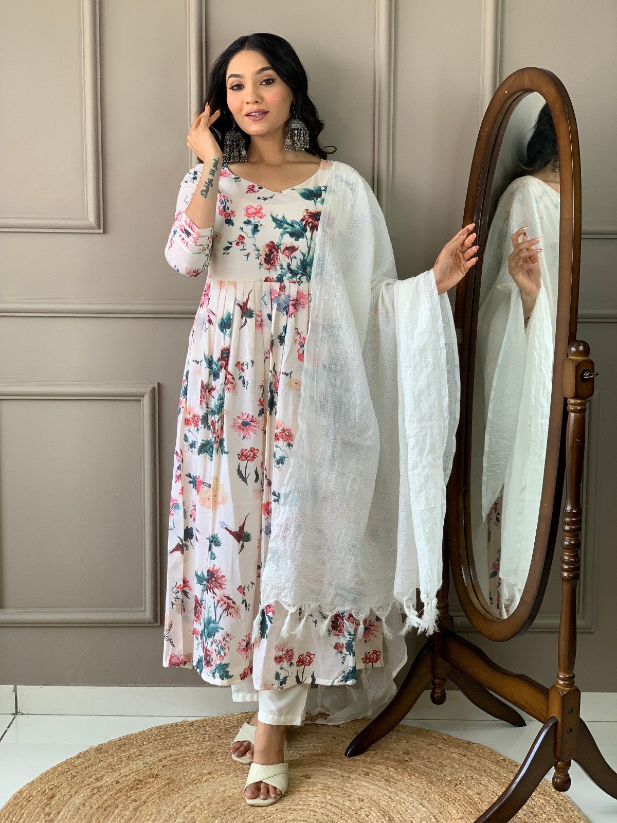 White Cotton Printed Salwar Suit With Pant Dupatta