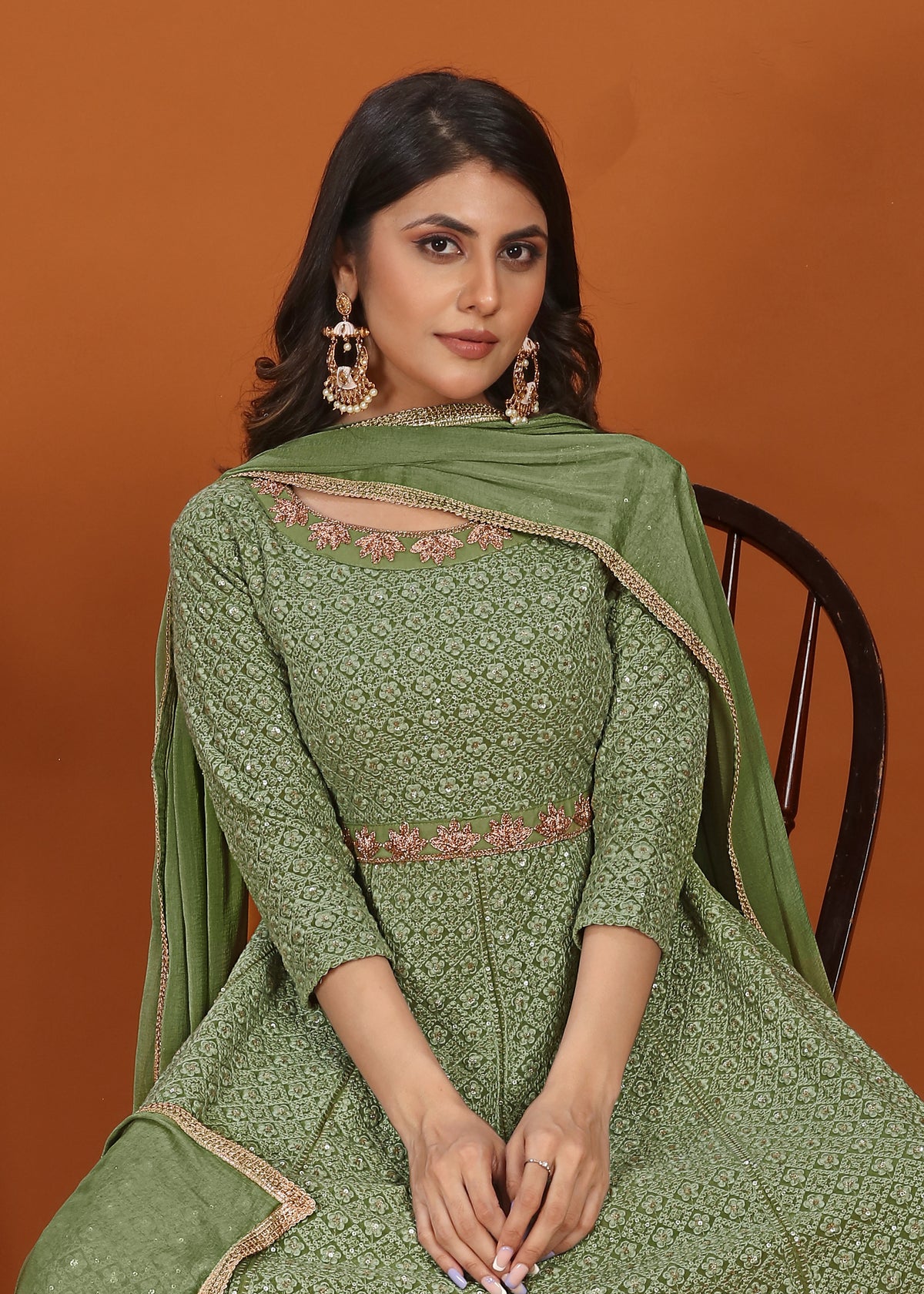 Light Green Faux Georgette Embroidery Flared Gown With Dupatta