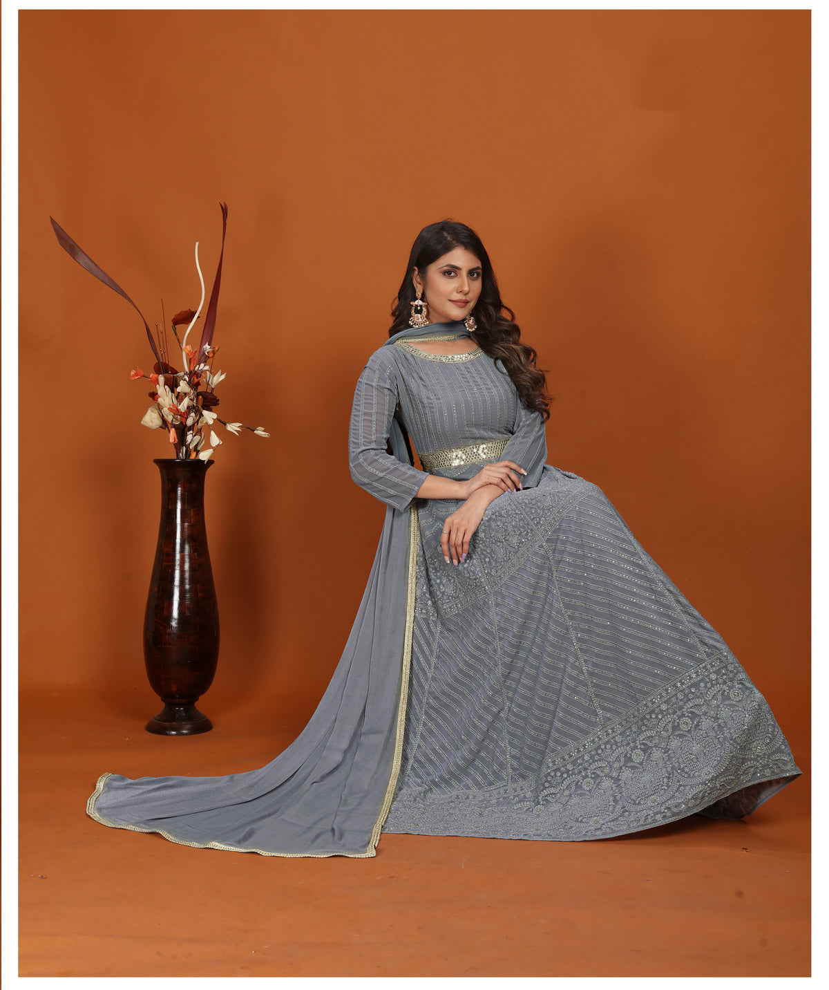 Grey Faux Georgette Embroidery Flared Gown With Dupatta