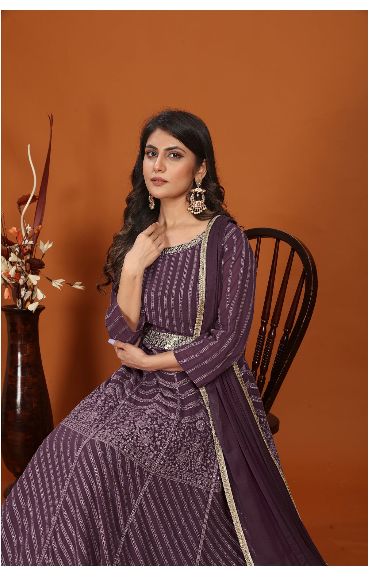 Wine Faux Georgette Embroidery Flared Gown With Dupatta