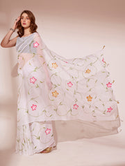 Off White Blooming Organza Brush Printed Saree