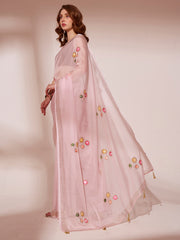 Pink Blooming Organza Brush Printed Saree