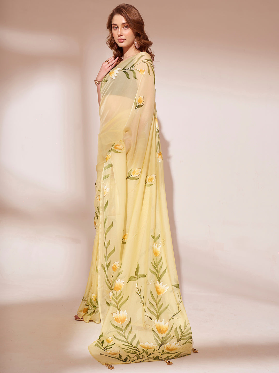 Yellow Blooming Organza Brush Printed Saree