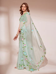 Light Green Blooming Organza Brush Printed Saree