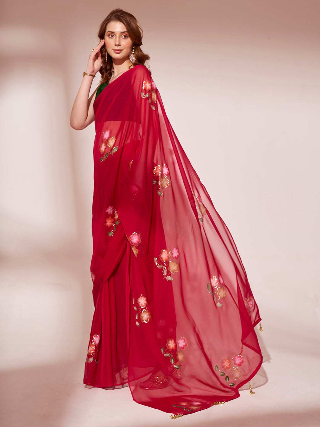 Red Blooming Organza Brush Printed Saree