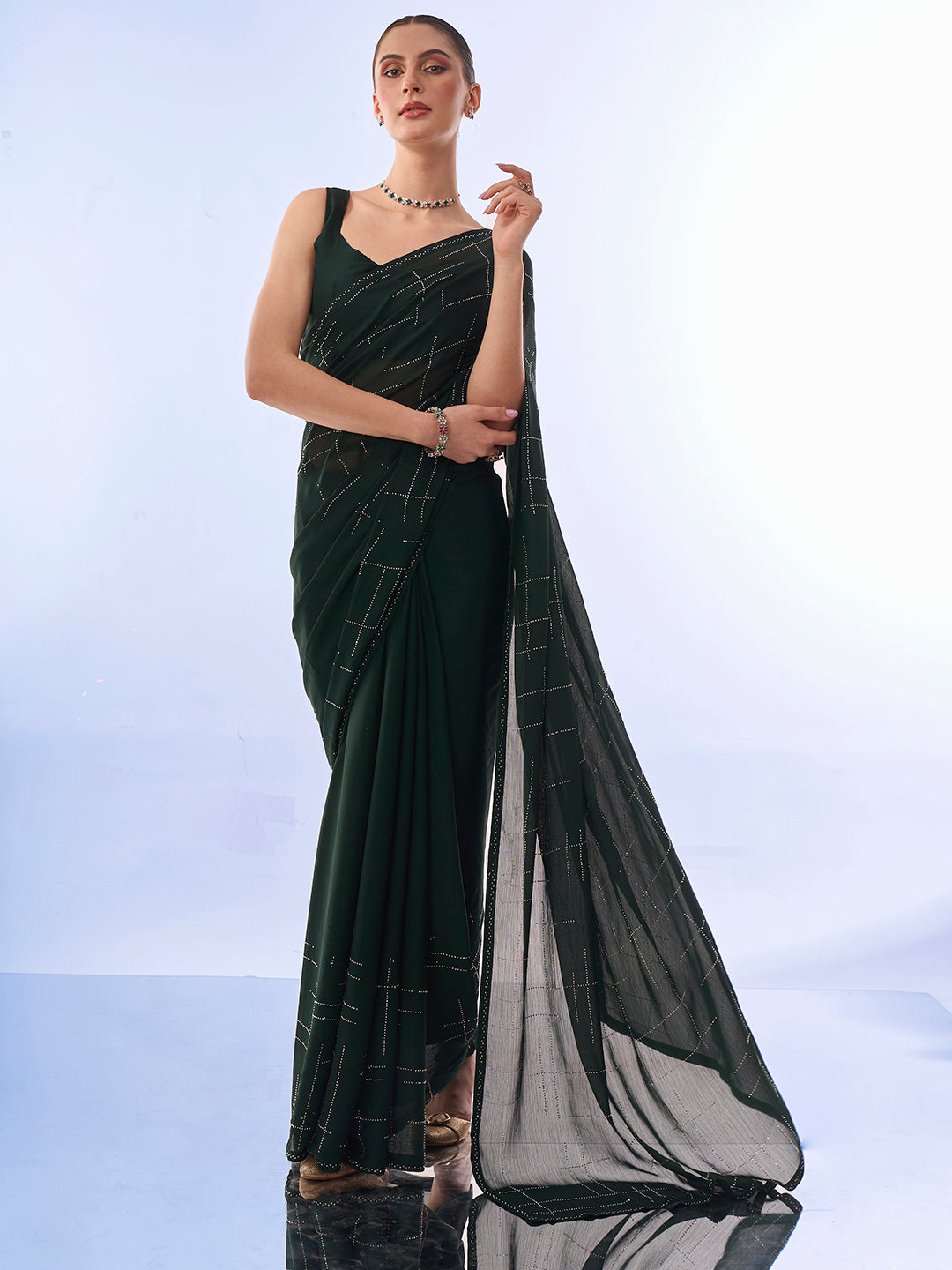 Green Satin Chiffon Swarovski Saree