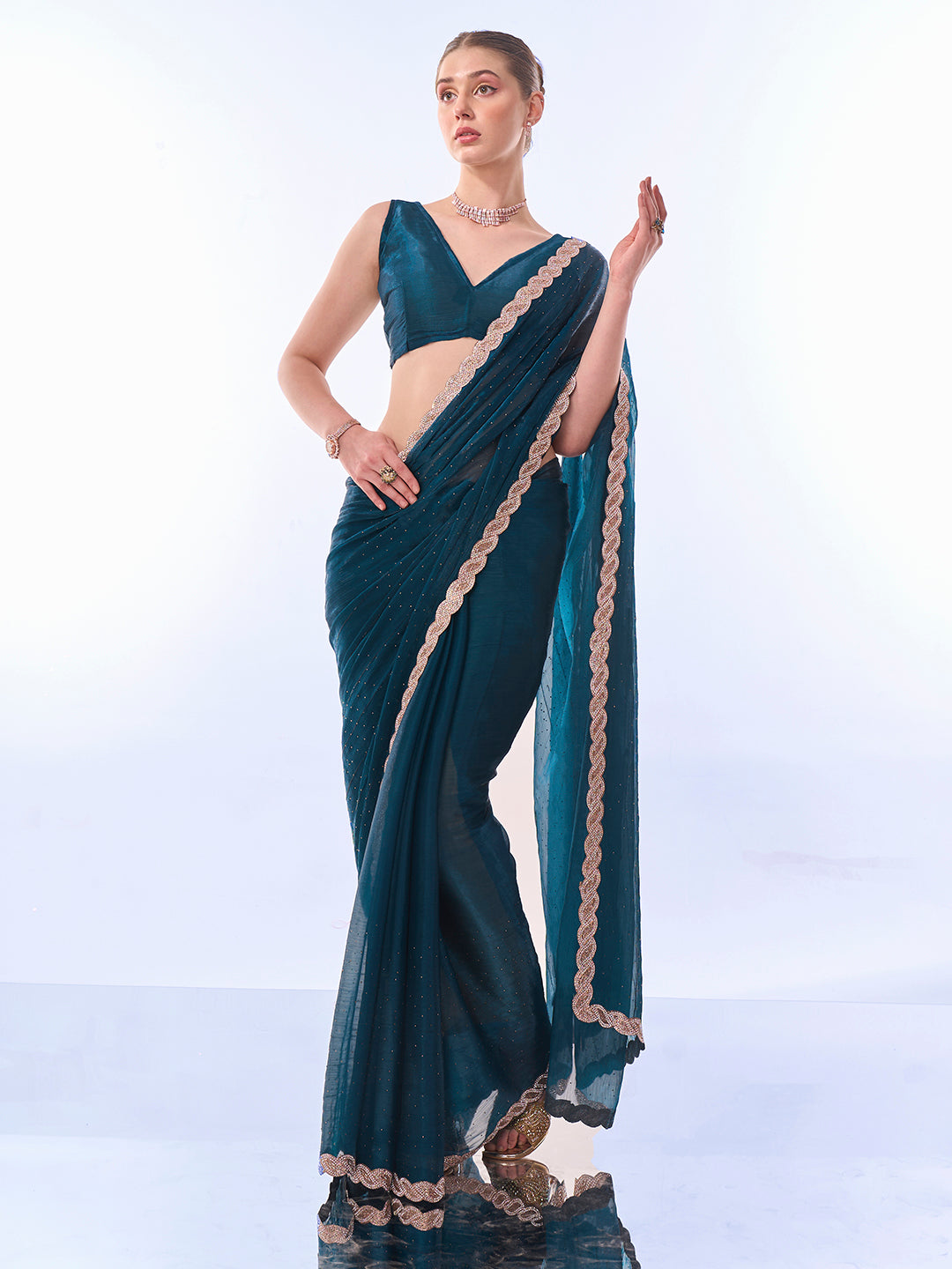 Teal Blue Burburry Swarovski Saree