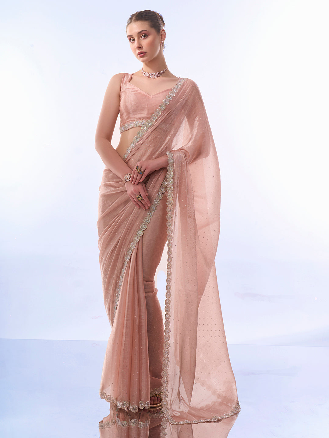 Peach Burburry Swarovski Saree