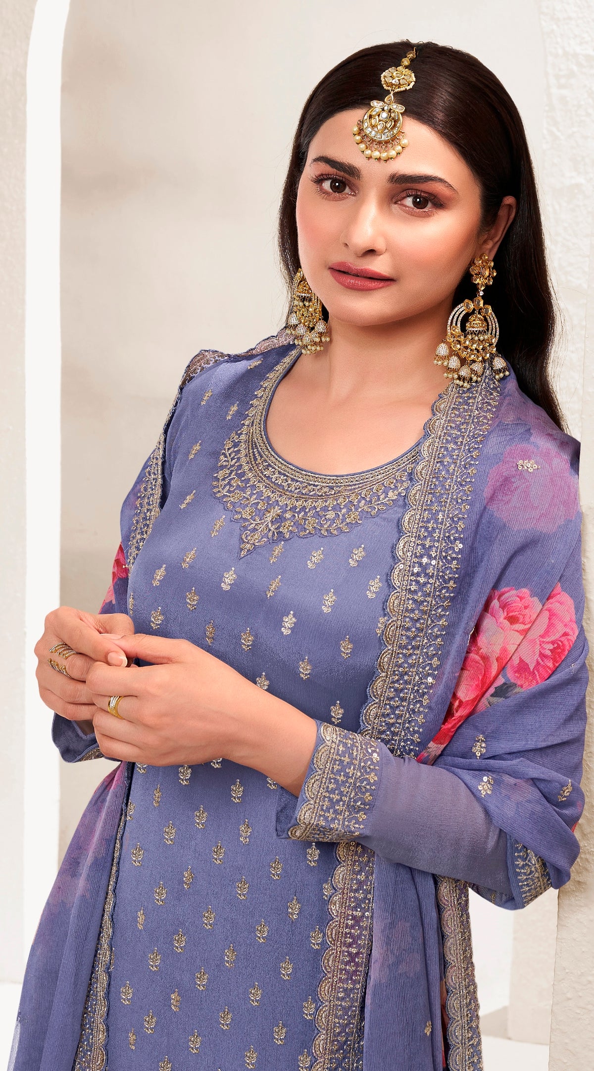 Violet Viscose Chinnon Embroidered Salwar Suit With Sharara Dupatta