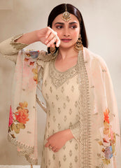 Cream Viscose Chinnon Embroidered Salwar Suit With Sharara Dupatta