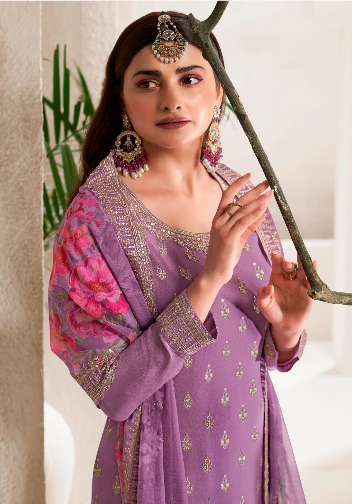 Purple Viscose Chinnon Embroidered Salwar Suit With Sharara Dupatta