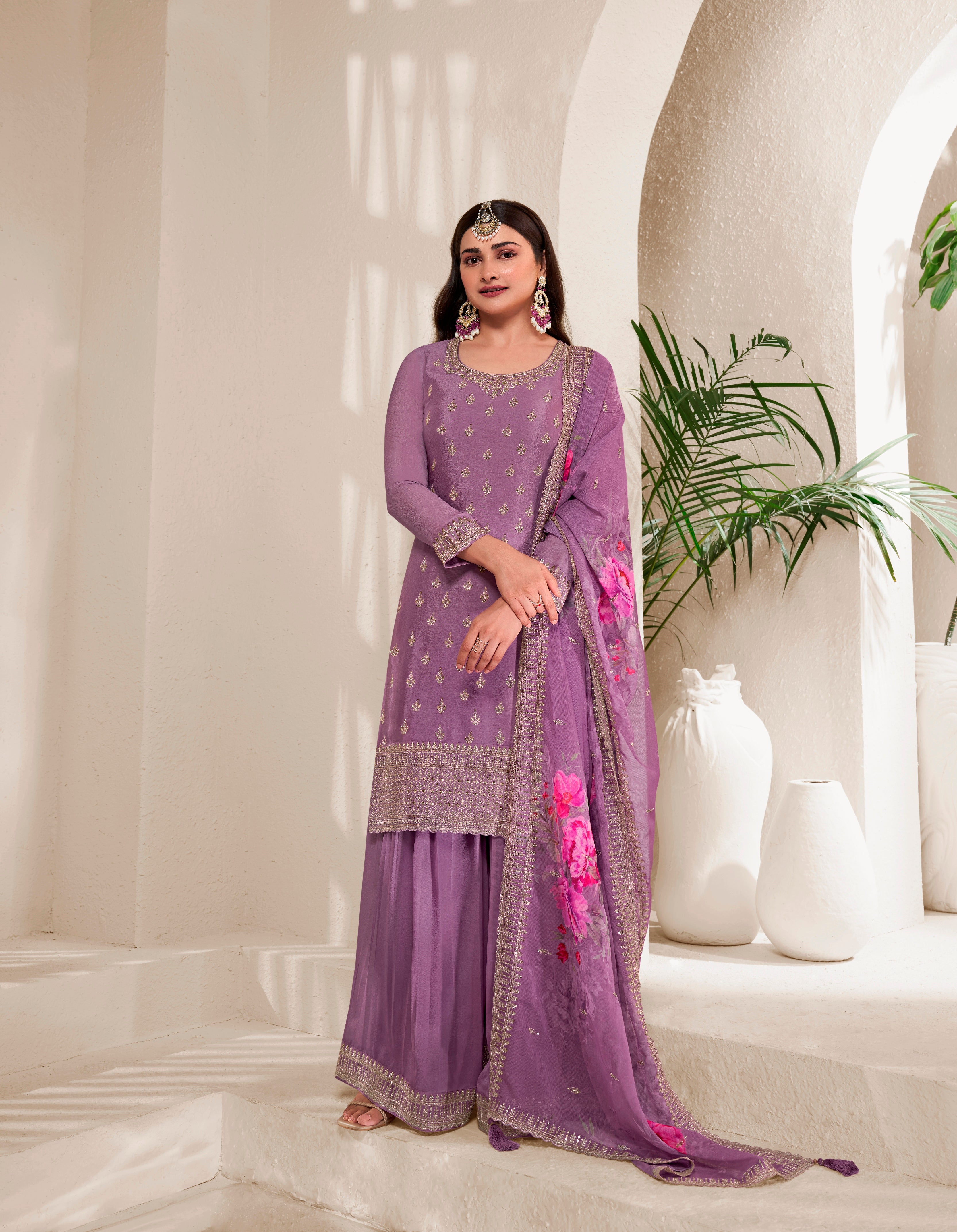 Purple Viscose Chinnon Embroidered Salwar Suit With Sharara Dupatta