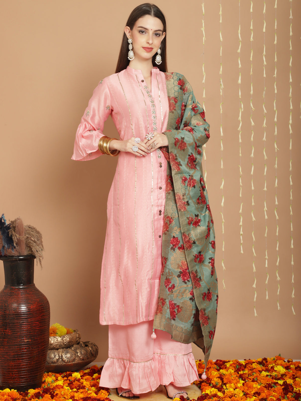 Pink Tusser Silk Embroidered Salwar Suit With Bottom Dupatta