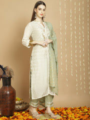 Costume Salwar brodé en soie blanc cassé avec pantalon Dupatta