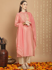 Pink Art Silk Embroidered Salwar Suit With Pant Dupatta