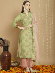 Costume Salwar brodé en soie verte avec pantalon Dupatta