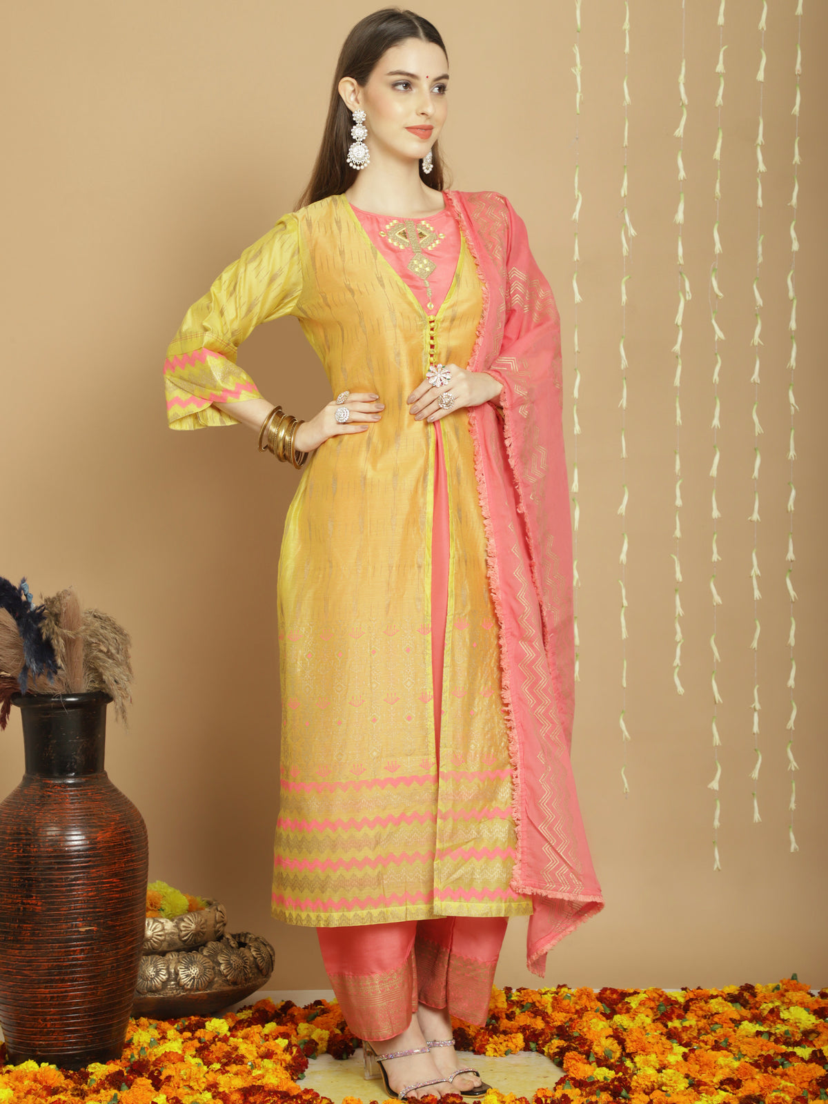 Mustard Art Silk Embroidered Salwar Suit With Pant Dupatta