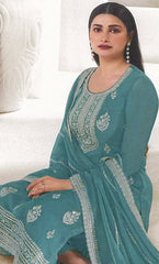 Costume Salwar bleu en organza brodé avec pantalon Dupatta