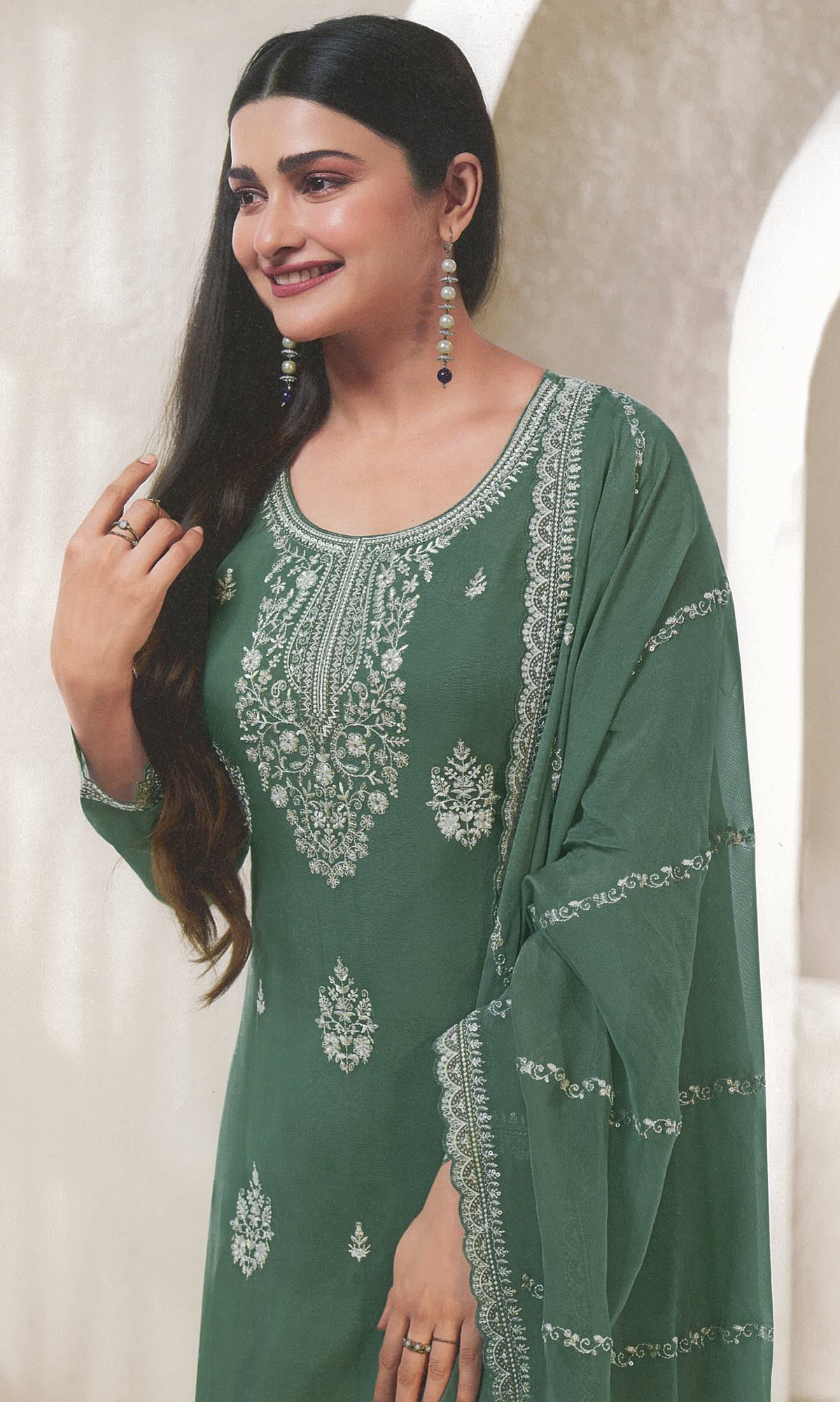 Green Organza Embroidery Salwar Suit With Pant Dupatta