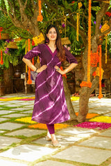 Purple Muslin Shibori Digital Printed Kurti With Pant