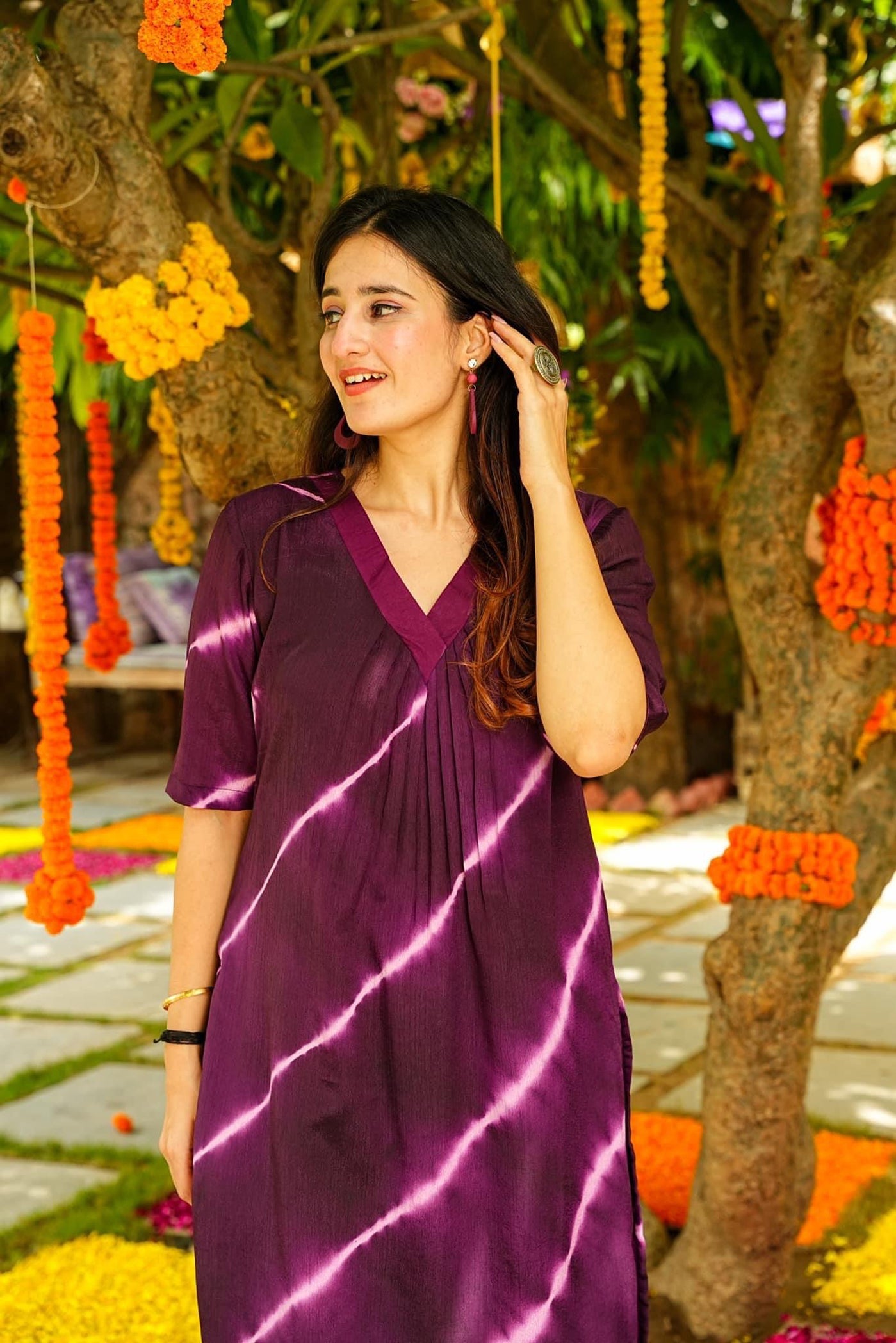 Purple Muslin Shibori Digital Printed Kurti With Pant