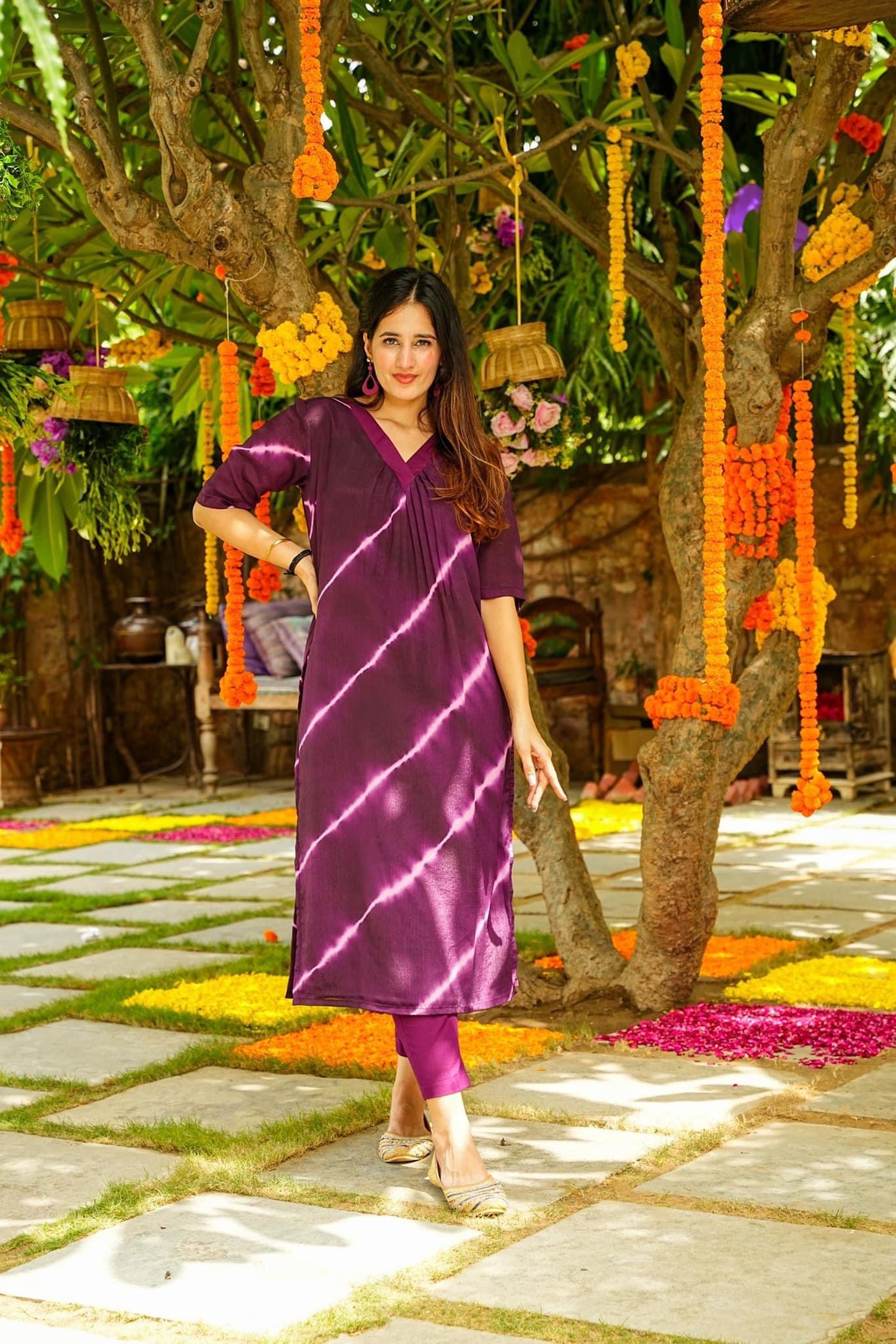 Purple Muslin Shibori Digital Printed Kurti With Pant