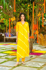 Yellow Muslin Shibori Digital Printed Kurti With Pant