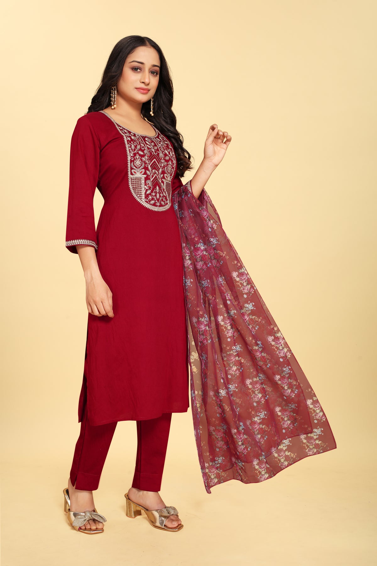 Red Silk Embroidered Salwar Suit With Pant Dupatta