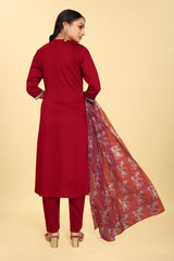 Red Silk Embroidered Salwar Suit With Pant Dupatta