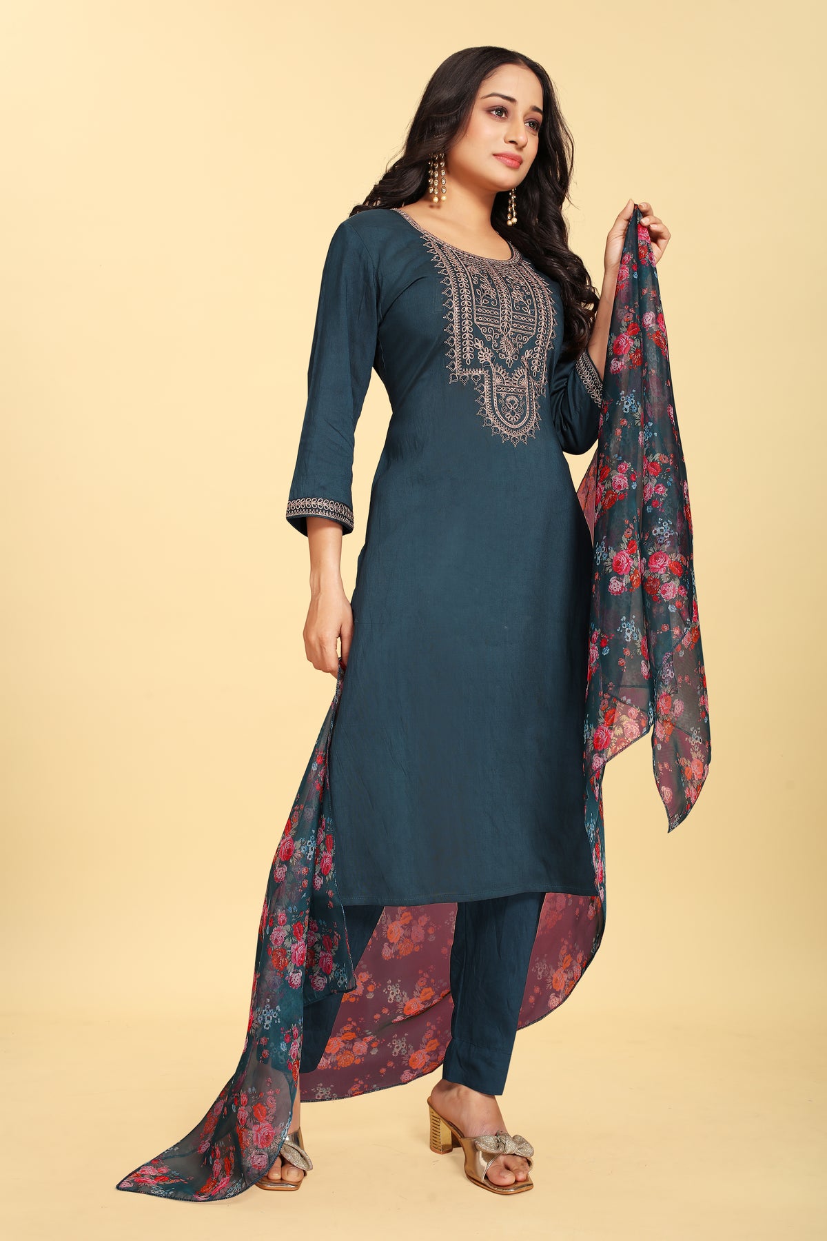 Blue Silk Embroidered Salwar Suit With Pant Dupatta