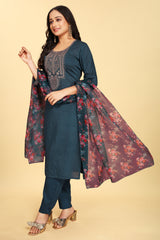 Blue Silk Embroidered Salwar Suit With Pant Dupatta