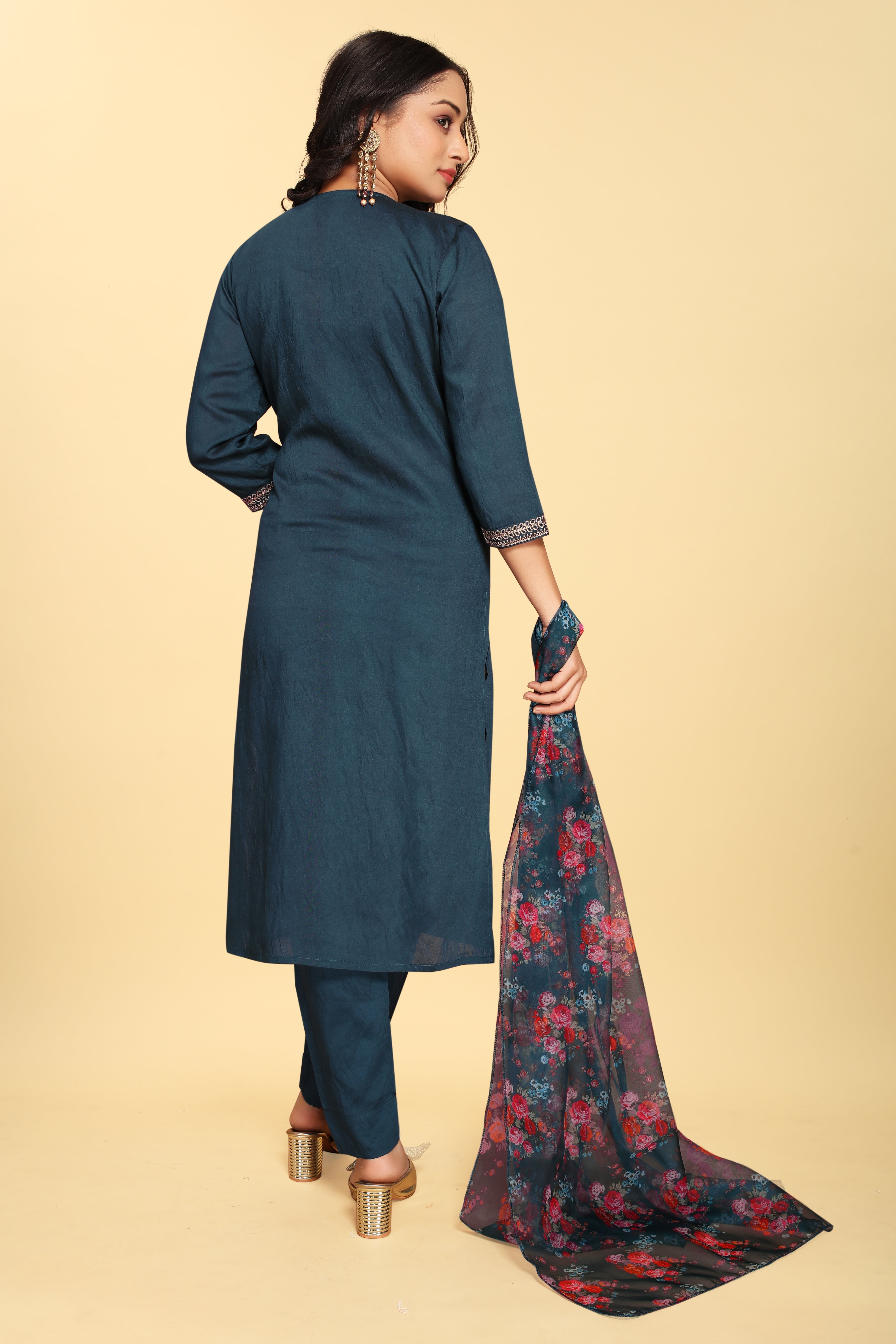 Blue Silk Embroidered Salwar Suit With Pant Dupatta