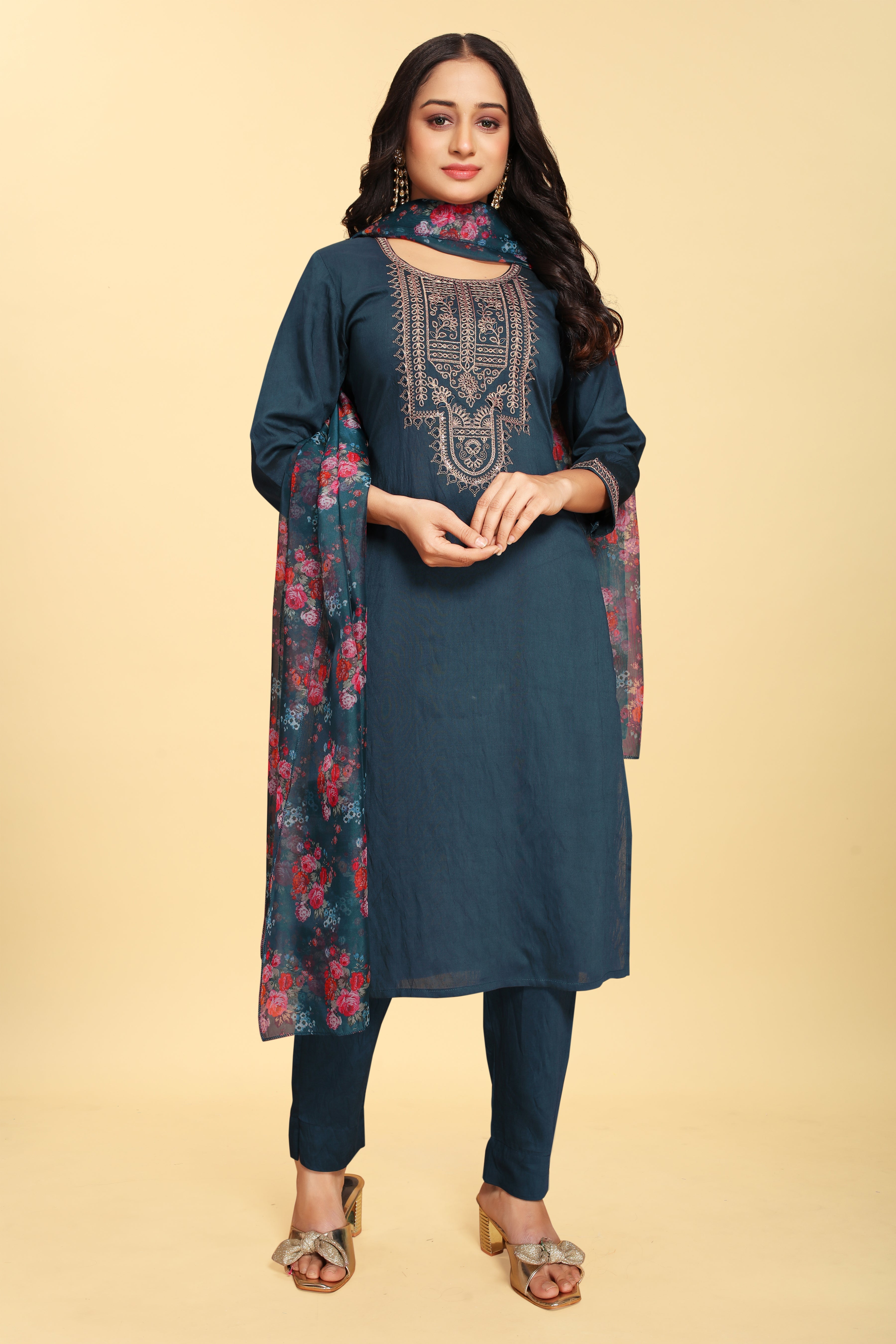 Blue Silk Embroidered Salwar Suit With Pant Dupatta