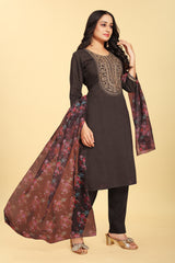 Black Silk Embroidered Salwar Suit With Pant Dupatta