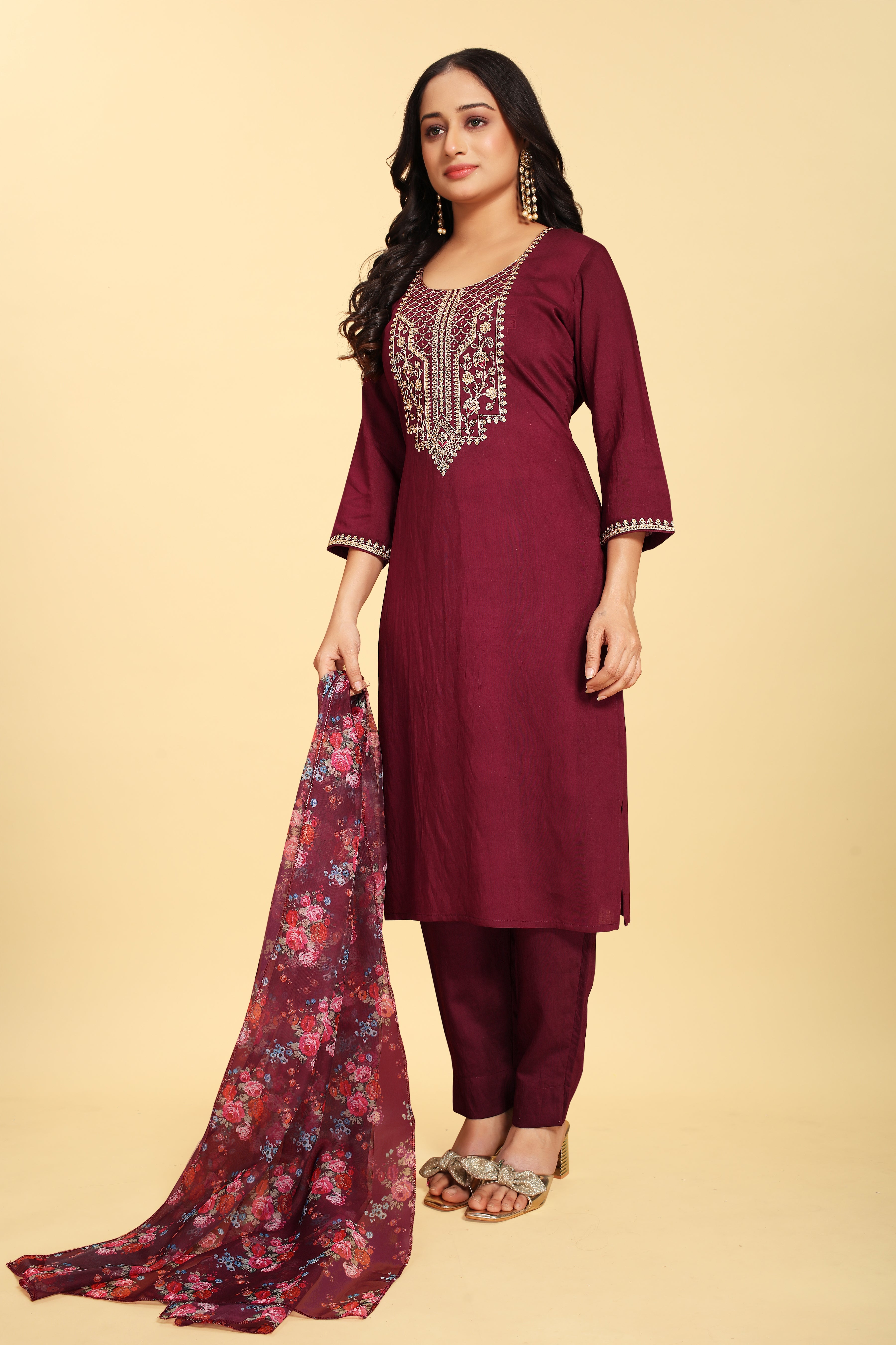 Wine Silk Embroidered Salwar Suit With Pant Dupatta